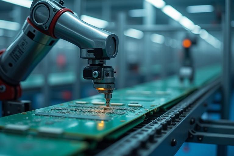 Roboterarm mit Kamera inspiziert eine Leiterplatte